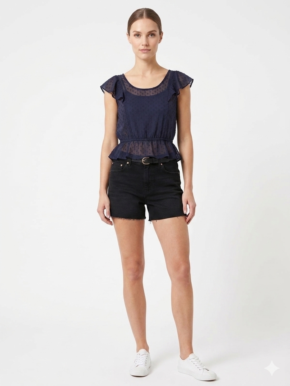 Reitmans Petite Purple Dotted Swiss Peplum Flutter Sleeve Top